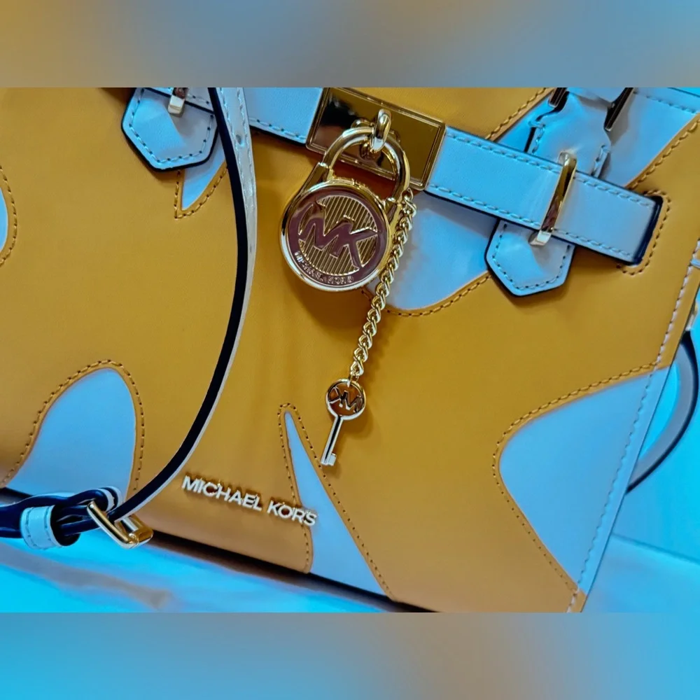 Michael Kors Hamilton Small Satchel Shoulder  Bag Graphic Logo Golden Rod Multi - Picture 14 of 15